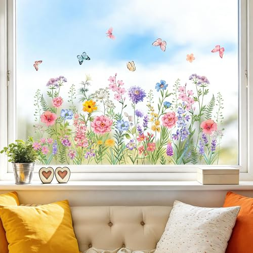 Joeyan Grandi Adesivi Primaverili per Finestre,Vetrofanie Removibili con Fiori Selvatici e Farfalle,Addobbi Sticker Statici a Doppio Lato Riutilizzabili,Decor per Porte,Giardino,Cucina e Aula, 58*28CM