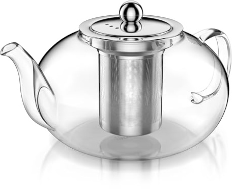 Arendo - Teekanne Glas mit Sieb - 1200 ml – aus Borosilikatglas – mit Edelstahlsieb – feinmaschig – hitzebeständig – Glasteekanne – für losen Tee Kräutertee Früchtetee – Teekocher – langlebig – feinma