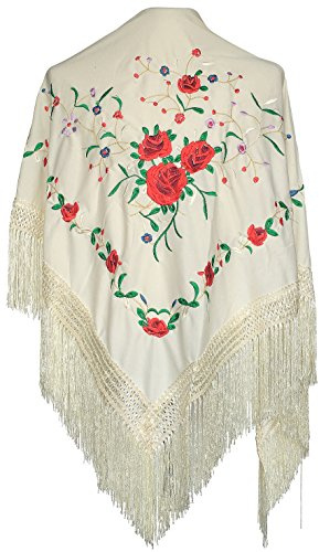La Senorita Spanish Flamenco Dance Shawl cream white red roses