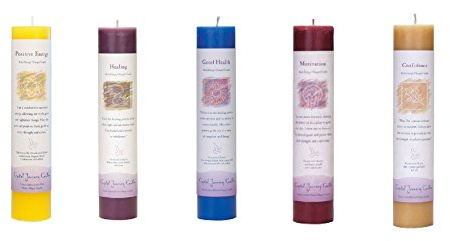 Crystal Journey Reiki Charged Herbal Magic Pillar Candle with Inspirational Labels - Bundle of 5 (Positive Energy, Healing, Good Health, Motivation, Confidence) Each 7x1.5 handcrafted with lead-free