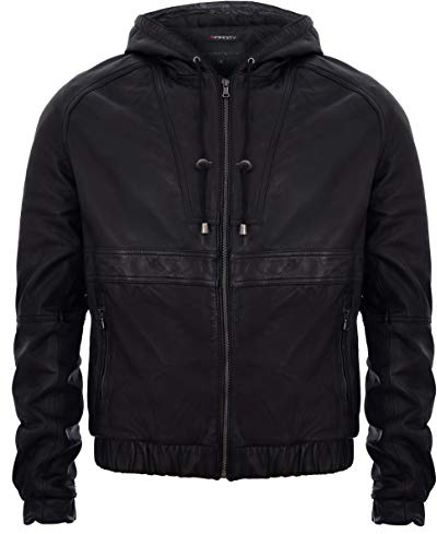 Infinity Leather Chaqueta Motera de Cuero con Capucha de Negro Oscuro y Capucha de los Hombres M