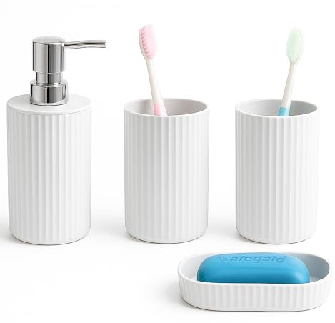 Novel Solutions Premium 4-Piece Bathroom Accessories Set – Matt Grey Rubber-Coated Soap Dispenser, Soap Dish, Tumbler Cup & Toothbrush Holder – Modern Vanity Organiser Kit (White Finish)