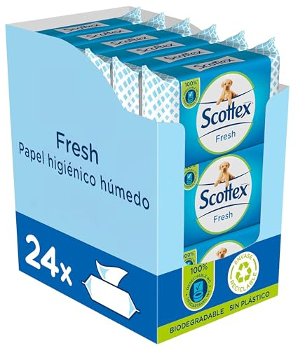 Scottex Carta igienica umida fresca con acqua micellare e vitamina E, biodegradabile e senza plastica, 24 confezioni da 74 servizi, 1776 pezzi | Salviette umidificate monouso WC