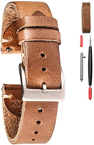 hemsut h 20mm Leather Watch Bands for Men, Thin Soft Horween Leather Watch Strap Quick Release Vintage Watch Wrap