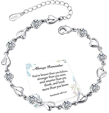 EXGOX Silver Bracelet for Women,925 Sterling Silver Love Shiny Crystal Diamond Adjustable Heart Bracelet for Women Girls