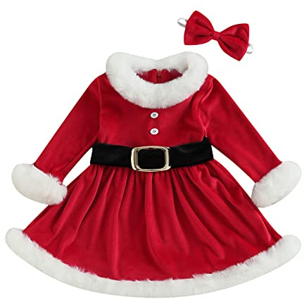 FeMereina Kids Toddler Baby Girl Christmas Dress Red Velvet Long Sleeve/Sleeveless Santa Dress Christmas Headband Outfits Set (y-Red, 5-6 Years)