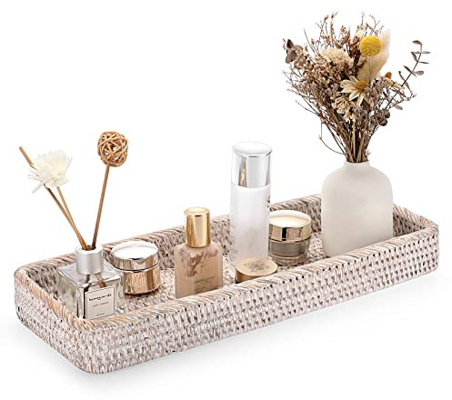 IGNPION Vassoio da portata decorativo in rattan, vassoio da tavolo, vassoio per carta igienica, vassoio organizer da scrivania, per cucina, trucco, vanità, tovagliolo, ornamento (40 cm, imbiancatura)