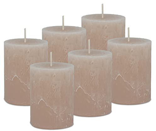 DecoLite: 6 x Rustik Stumpenkerzen 80/60 mm Safe Candle Selbstverlöschend. Brenndauer ca. 25 Stunden - 100% made in Germany von Wenzel Kerzen - RAL Zertifiziert (sahara)