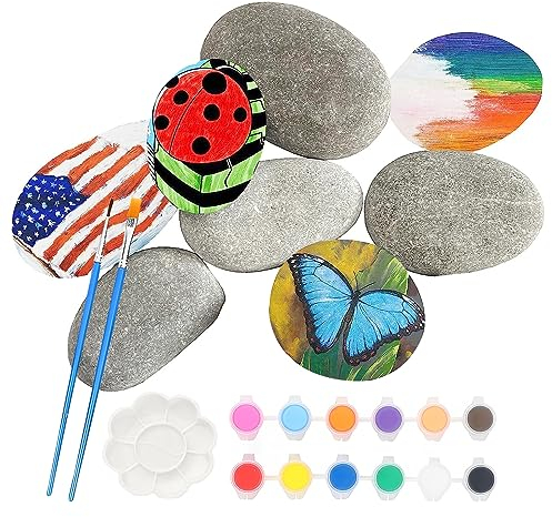 DAGORD 8 Stück Flache Malsteine zum Bemalen, Grau, Natürlicher Flussstein, 5-7 cm, 12 Farben, 2 Pinsel, 1 Farbmischpalette, Gartendekoration