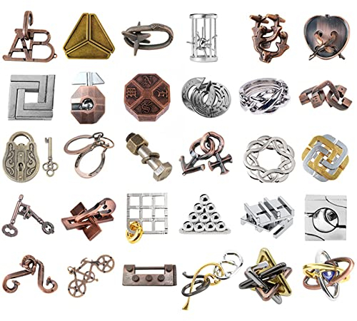 Knobelspiele Metall Puzzle Set, Joyeee Zaubertrick Spielzeug Denkaufgabe IQ Geist Test Lernspielzeug für Party Mitgebsel Erwachsene Teenager und Kinder Herausforderung, Hohe Schwierigkeit, 30Stück - A