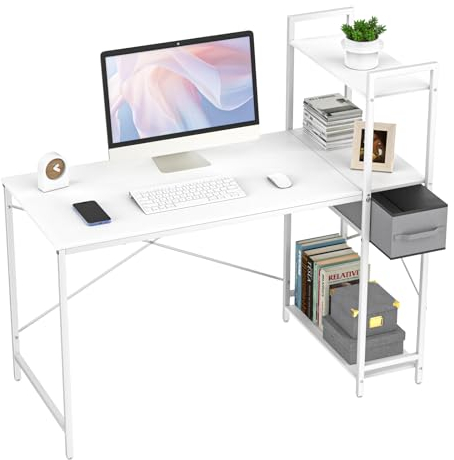 TESSTINA Schreibtisch 124CM, Reversibel Computertisch mit Regal und Schublade, Kleiner Bürotisch mit Ablagefächern für Büro, Wohnzimmer, Home Stärker X Form Halterung