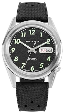 PRAESIDUS | REC SPEC - Watches for Men, Men's Wrist Watches - Field, Military - OG Indexes, Popcorn Dial, Black Tropic Rubber Strap | Automatic, Gift
