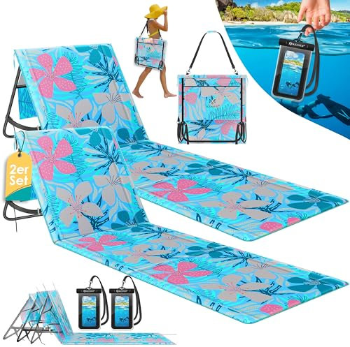 KESSER® Colchoneta de Playa Plegable con Respaldo Ajustable, Correa de Transporte, Funda Impermeable para Móvil y Bolsa de Almacenaje, Tumbona, hasta 130 kg, Set in 2 - Azul Claro
