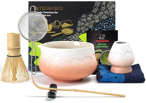 TEANAGOO Matcha Kit (7 pièces) Matcha Set Mtacha Kit Bol à Matcha avec bec verseur Fouet à Matcha en Bambou (chasen) Scoop Support pour Fouet à Matcha.N35,orange dégradé blanc