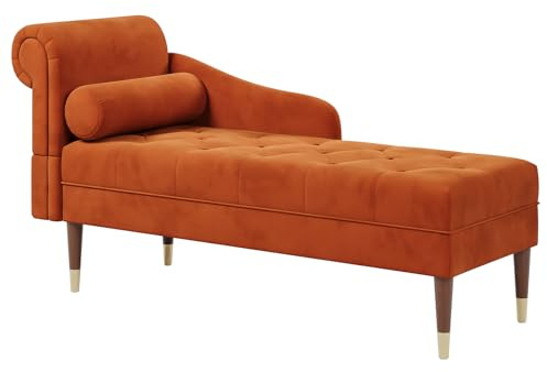 Vesgantti Velvet Chaise Longue with Left Armrest,Tool-free Assembly | Upholstered Chaise Lounge with Lumbar Pillow, Lounge Sofa for Living Room, Bedroom and Office, Orange