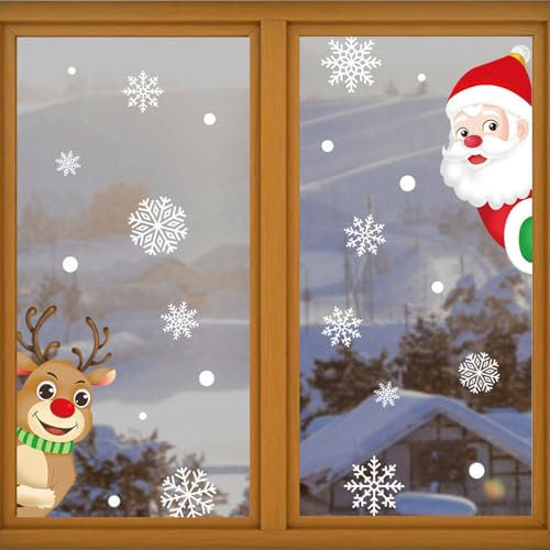 Pegatinas Navideñas para Ventanas 147pcs, Pegatina de Copo de Nieve Papá Noel Alce Linda Doble Cara Visible Adhesivo Navideños, Pegatinas de PVC Adhesivas Estáticas Reutilizables de Doble Cara