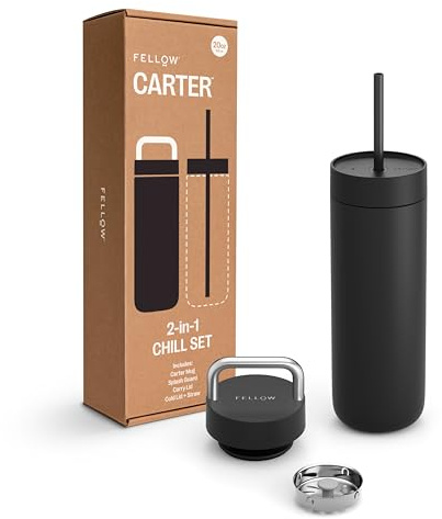 Fellow 20 oz Carter Water Bottle with 2 Lids - Leak-Proof Lid with Metal Handle - Cold Lid with Straw - Ceramic Interior & Vacuum-Insulated Stainless Steel - Matte Black