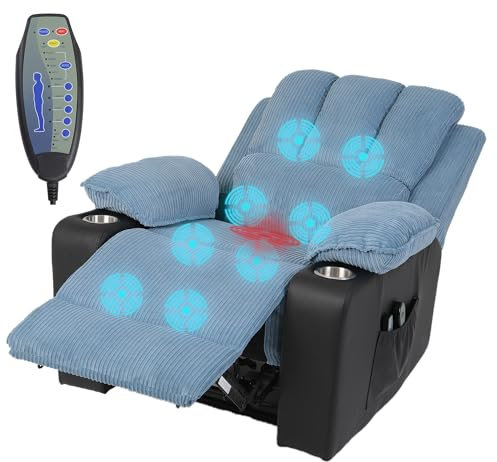 Fauteuil électrique inclinable avec porte-gobelets en tissu côtelé bleu Jumbo Massage Canapé de salon ergonomique confortable avec accoudoirs rembourrés