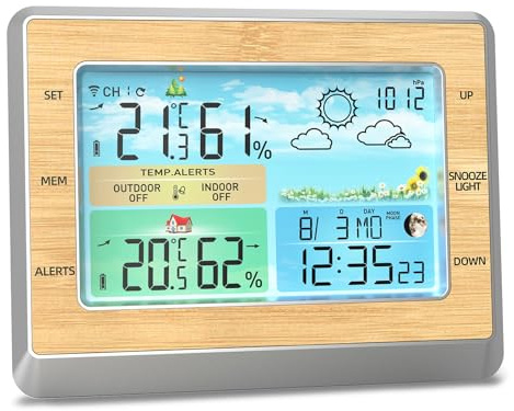 Ejoyous WiFi väderstation med LED färgskärm, justering av ljusstyrka, temperatur och luftfuktighet, väderbeständig, subitoase, datum, larm, väderprognos