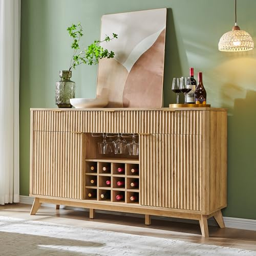 OKD Fluted Wine Bar Cabinet, 60 Wide Modern Buffet Sideboard with Ample Storage - 2 Side Cabinets, 3 Drawers, 4 Glass Holders & 12 Wine Racks, Coffee Bar Cabinet for Kitchen, Dining Room, Natural Oak