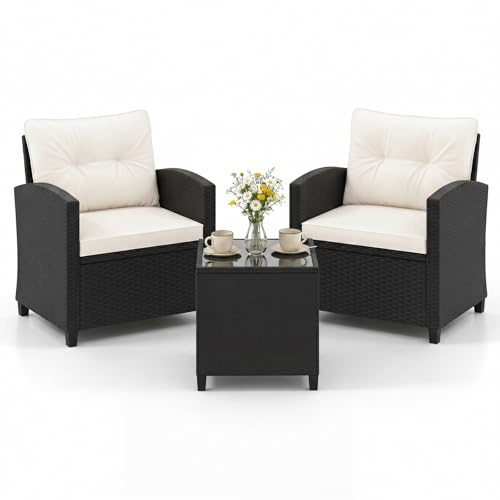 COSTWAY Salon de Jardin Exterieur 2 Personnes, Ensemble 2 Fauteuils en Rotin PE avec Coussins Rembourrés Table Basse à Plateau Verre, pour Balcon Terrasse Piscine, Charge 180kg+45kg (Noir+Blanc)