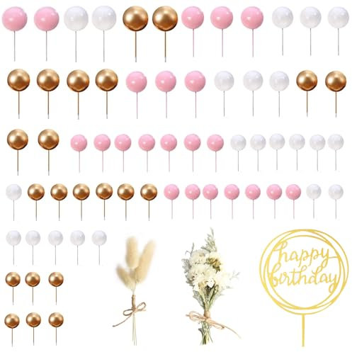 69 PCS Pink Rose Gold Cake Topper Set With 60 Balls, 2 Flowers and Sign Insert for Baby Shower, DIY Birthday, Wedding, Valentine's Day