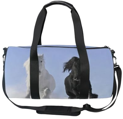 Borsone sportivo da viaggio con cavallo bianco nero bianco per donne e uomini, animali ragazze ginnastica danza borsa fine settimana borsa da notte borsa da allenamento fitness
