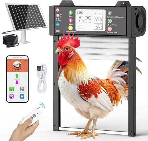 SARELLIT Hühnerklappe Automatische Solar mit Fernsteuerung über TUYA App & Fernbedienung, Echtzeit-Status, WLAN Automatische Wiederverbindung, Timer & Lichtsensor, Klemmschutz, 4000mAh Batterie