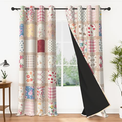 NAEMBCU Patchwork Farmhouse Blackout Curtains 84 Inches Long 2 Panels, Floral Gingham Window Drapes with Black Lining, Grommet Top Thermal Insulated Room Darkening Curtains for Bedroom Living Room