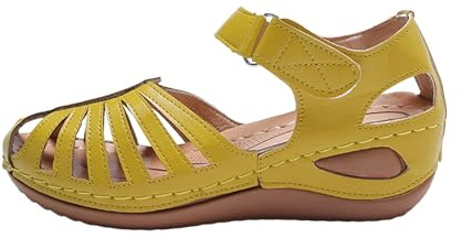 Generisch Sandalias de mujer estilo retro con punta cerrada, sandalias planas de aspecto de piel, sandalias de baño, playa, vacaciones, zapatos romanos, zapatos de verano, zapatos descalzos, Estilo