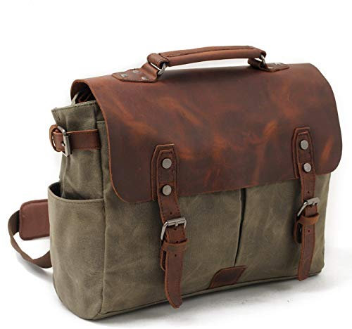 Tasche Herren Taschen Damen umhängetasche aktentasche wasserdicht leinwand leder college tasche ranzen umhängetasche passen bis zu 15.6inch, army green