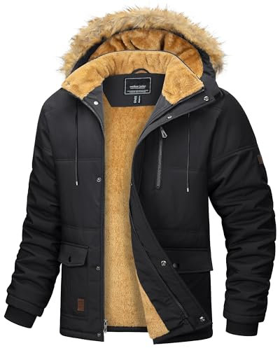 MAGCOMSEN Herren Warme Parka Jacke Gefüttert Winter Daunenjacke Kapuze Camping Jacken Männer Winddicht Warme Outdoorjacke Fleece Funktionsjacke Wandern Jagdjacke mit Mehrfachtaschen Schwarz M