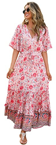 R.Vivimos Abito Boho Estivo Donna Abito Sexy Scollo a V Bottoni Manica Corta Vestito Elegante con Volant Orlo Abito Lungo Maxi da Spiaggia Casual per Le Vacanze(S,Rosa-Floreale)