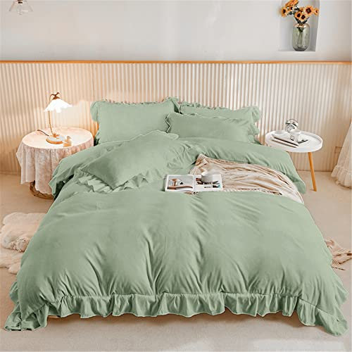 Green Ruffle Bedding Set for Teens Adults 3 Pieces Ruffle Frills Duvet Cover with 2 Pillowcases Soft Microfiber Duvet Cover Set Double Size 200x200 cm