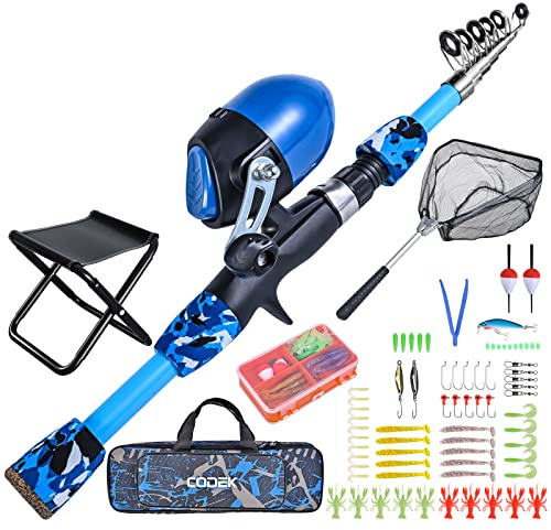 CODEK Kids Fishing Pole Set Portable Telescopic Kids Fishing Rods with Collasible Chair Fishing Net Carrier Bag and Full Kits for Boys and GirlsBeginner and Youth 170cm/5.6ft (Blue)