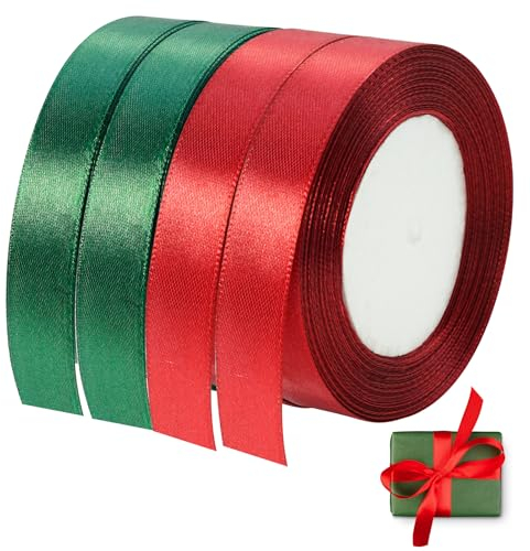 Satinband Rot und Grün, 88m Schleifenband Geschenkband breit 2cm Schleifenband Satin Stoff Band für Weihnachten Geschenk Dekoration Bastelarbeiten Geburtstag und Hochzeitsdekoration