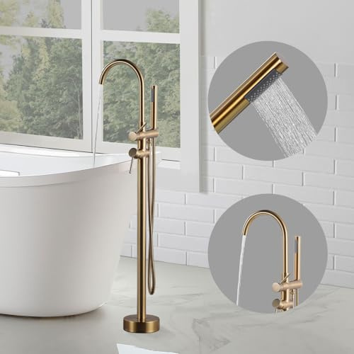 ARCORA Rubinetto per vasca da bagno, in rame, in acciaio inox, girevole a 360°, montaggio a pavimento con doccetta per vasca, vasca da bagno indipendente, colore: oro