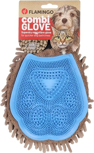 Flamingo Gant de Massage et brossage Flava Taupe/Bleu pour Chien et Chat - 25x20x4cm - Absorbant