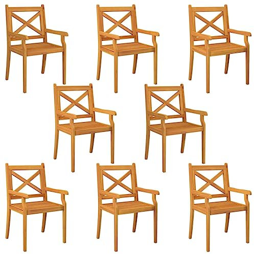 vidaXL Set of 8 Solid Acacia Wood Outdoor Dining Chairs for Patio, Garden, Farmhouse Style, Comfort-enhanced Armrests with Cross Backrest & Slatted Seat.