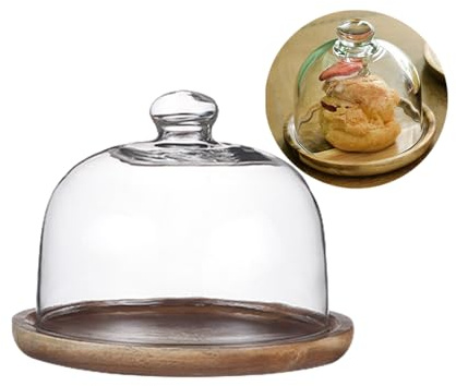 Cúpula de postre de vidrio con base de madera, mini soporte para tartas, platos de madera con cúpula, bandeja de servidor de exhibición de frutas para cocina, cumpleaños, boda, aperitivo, postre y