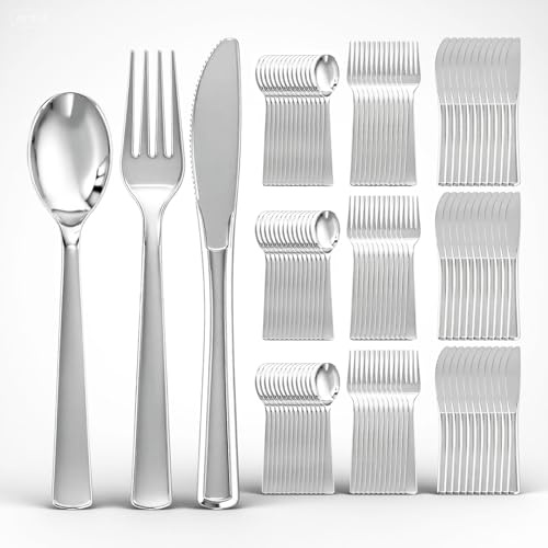EI 360pcs Silver Plastic Silverware Heavy Duty,Plastic Spoons and Forks,Disposable Cutlery include 120pcs Forks,120pcs Spoons and 120pcs Knives for Wedding.Afternoon Tea,Spring,Valentine's Day