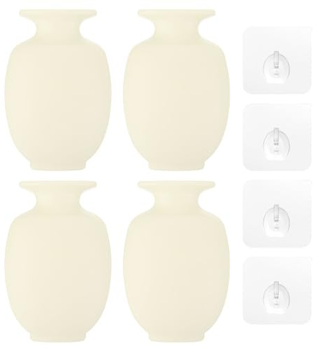 PATIKIL Wall Mounted Flower Vase, 4 Pcs Mini Flower Vase PP Removable Wall Hanging Flower Pot with Sticky Hook for Home Party Decoration, Beige