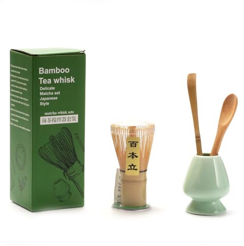 4PCS Matcha Tea Whisk Set, Tea Steeper Matcha Tools for Stirring Matcha, Matcha Whisk (Chasen), Ceramic Whisk Holder, Scoop (Chashaku), Tea Spoon Handmade