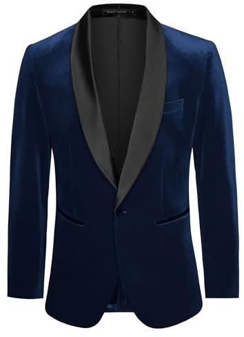 GRACE KARIN Blazers för män sammet sjal krage en knapp smal passform kostym jacka för bröllop bal fest, BLÅ, S