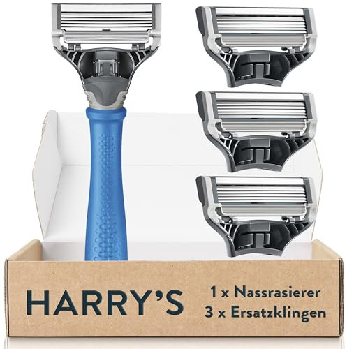Harry’s Nassrasierer für Männer - Rasier-Set mit blauem Griff, 3 Ersatz-Rasierklingen