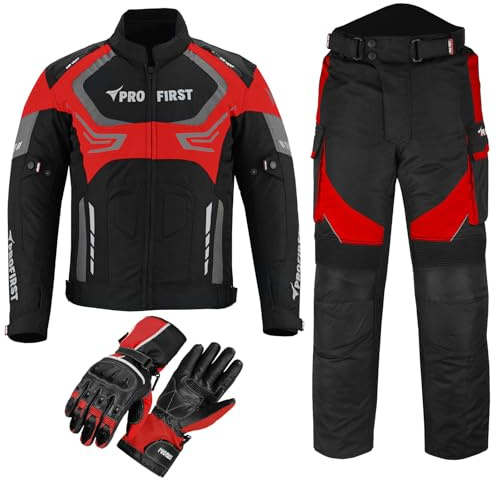 Motorcycle Motorbike suits for men 2 piece Motorcycle waterproof Cordura Fabric Suit Motorbike Jacket Trouser & Gloves Fully Protective Set for Bikers - All Weather (Red, M)
