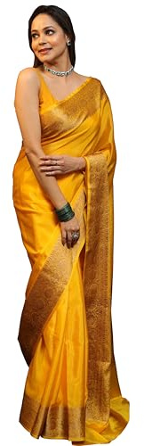 Sugathari Banarasi Saree Silk Kanjivaram for Women Soft Design 2025 Saree Latest Collection Sadi Party Saree with Blouse (San Pari-225), Gold, 5.50 Mtr Saree With 0.80 Mtr Attached Blouse Pic