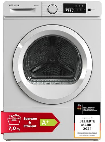 Telefunken Wärmepumpentrockner für 7 kg Wäsche, Trockner Frontlader, Wäschetrockner mit Knitterschutz und Startzeitvorwahl, Energiesparend, leise 64 dB, 15 Programme, Trommelbeleuchtung, TWP7EW
