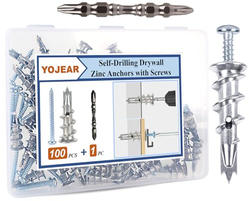YOJEAR Metal Self Drilling Drywall Anchors, 101PCS Hollow Wall Anchors and Screws Kit, with Specialized Bit, Heavy Duty Sheetrock Anchors + #8×1-3/8 Screws, Easy for Wall, Shelve, Hanging and Mounting