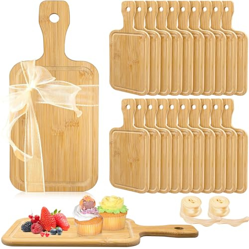 20 Pcs Small Bamboo Chopping Board Bulk, 20 x 13 cm Wooden Serving Tray for Wedding, Customized Blanks Charcuterie Boards with Ribbon for Laser Engrave Cutting Housewarming Gift